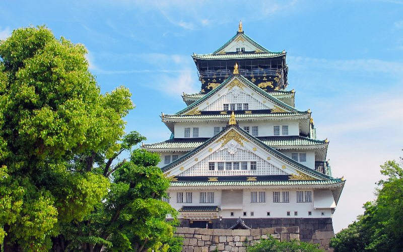 Osaka Castle with surrounding park in Osaka, Japan